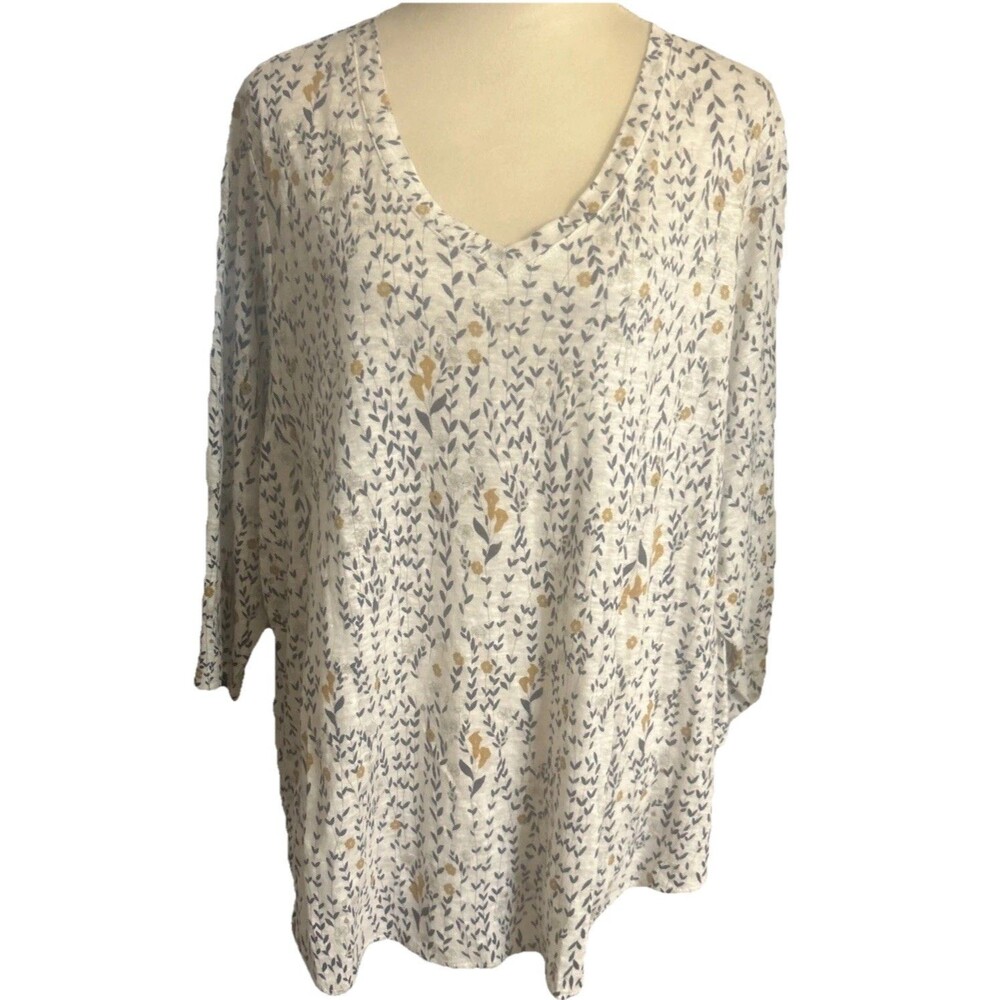 Rachel Zoe 100% Linen 3X Ditsy Floral Leaf Ivory Multi V Neck  3/4 Sleeves Top